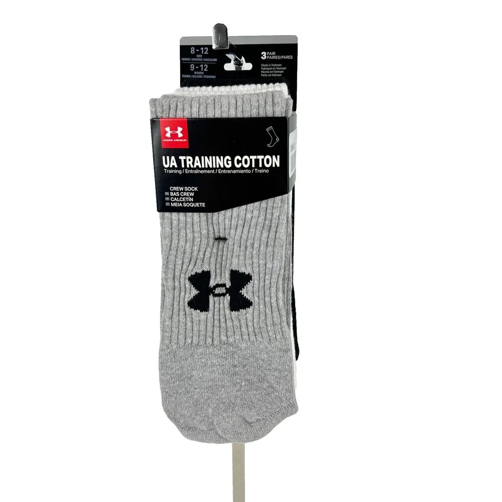 Under Armour Men’s Training Cotton Socks 3 Pairs Crew Gray White Black Large NEW